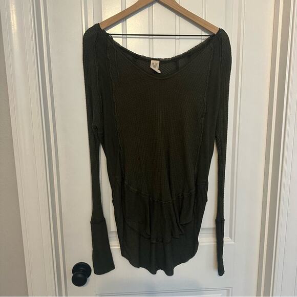 Free People Thermal Sweater Top Olive Green Boho Slouchy Grunge Size Small - Picture 3 of 7